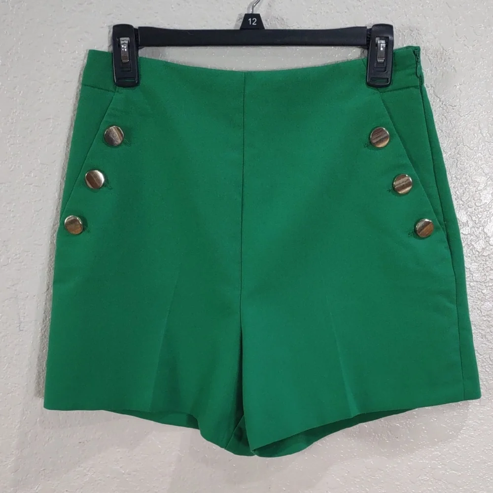 ZARA High Waisted Green Women's Shorts with Button Detail - Picture 1 of 16